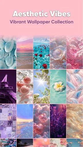Grid of vibrant aesthetic wallpapers featuring nature, sunsets, ocean, and floral designs in pink and purple tones