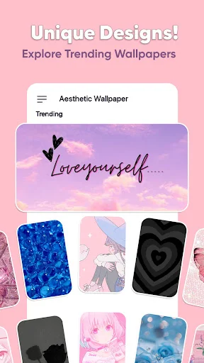 Unique Designs trending wallpapers section with featured aesthetic designs including Loveyourself inspirational theme