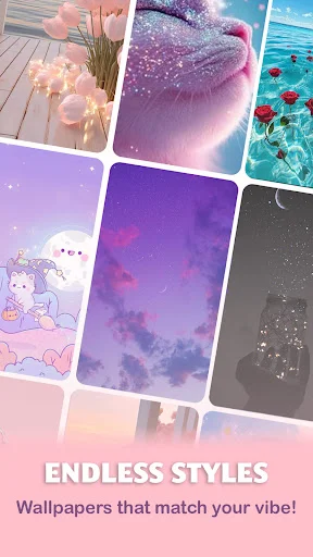 Endless Styles section showing wallpaper category cards with diverse aesthetic designs to match different vibes