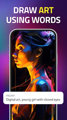 AI art app drawing colorful digital portrait of young girl with closed eyes from text description