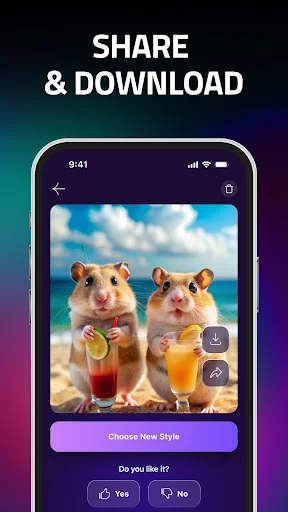 AI art generator interface with share and download options for generated hamster beach image