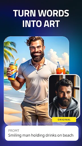IMGIT app turning words into art transforming photo to smiling man on beach scene with drinks