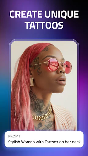AI avatar generator creating unique tattoo designs on stylish woman portrait from text prompt