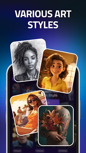 IMGIT AI art app showing various art styles from sketch to cartoon to realistic portraits