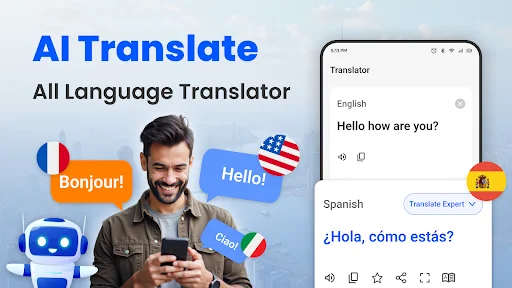 AI Translate app main screen showing text translation from English to Spanish with multilingual interface