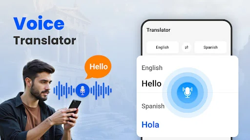 Voice translator with microphone for speaking and translating between English and Spanish languages