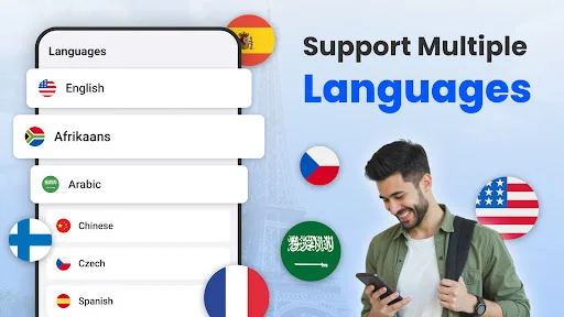 Multi-language support screen showing available languages for translation including major world languages