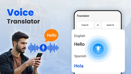 Voice translator screen with microphone button translating spoken English Hello to Spanish Hola