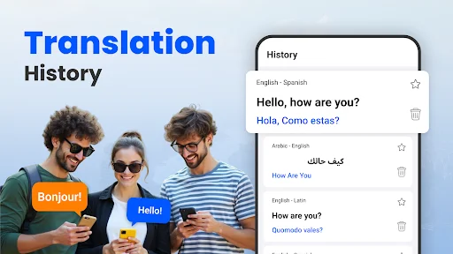 Translation history screen displaying saved translations in English, Spanish, Arabic, and French