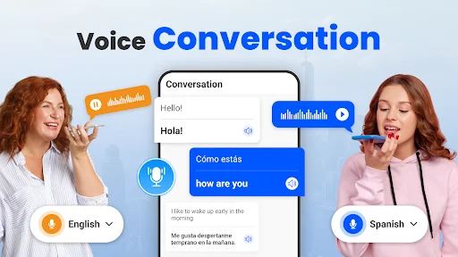 Voice conversation mode showing real-time two-way translation between English and Spanish speakers