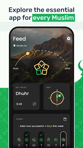 Muslim prayer app feed displaying daily Salat times for Dhuhr prayer, Qibla compass, and prayer journal for Riyadh