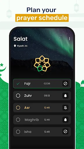 Prayer schedule screen showing five daily Islamic prayer times: Fajr, Zuhr, Asr, Maghrib, and Isha with notifications