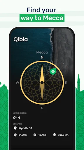 Qibla compass showing prayer direction toward Mecca with location coordinates for Riyadh, Saudi Arabia