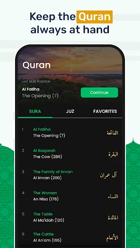 Quran reader displaying Surah chapters list including Al Fatiha, Al Baqarah, Al Imran, and others