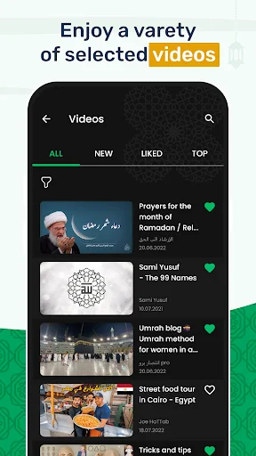 Islamic videos section with prayer guides and religious education content filtered by category and popularity