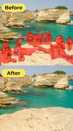 Beach photo before and after background removal showing erased red objects with clean landscape