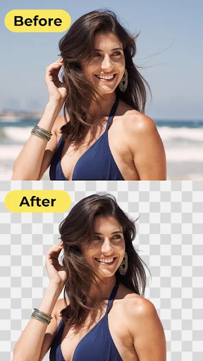 Portrait before and after background removal showing woman isolated on transparent background