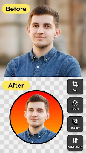 Man portrait before and after circular frame design with crop filters overlays adjustments tools
