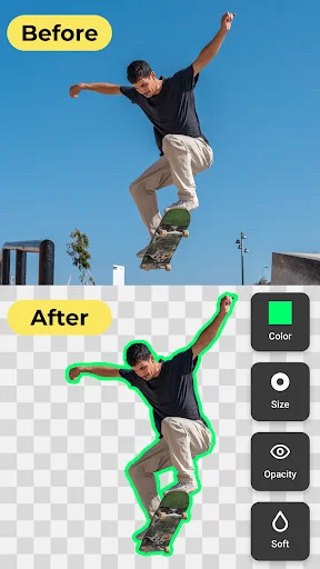 Skateboarder before and after with green selection outline and editing tools color size opacity