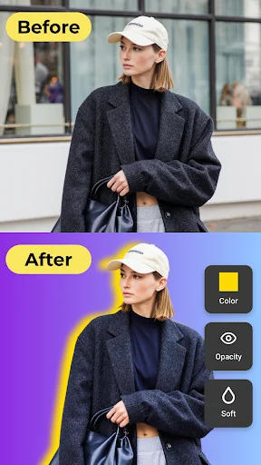 Woman winter portrait before and after with gradient color background replacement photo editor