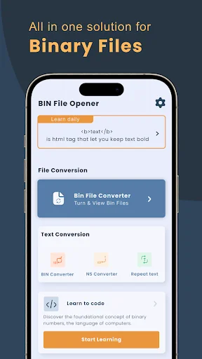 BIN file opener app main screen showing binary conversion tools, file converter options, and coding tutorials