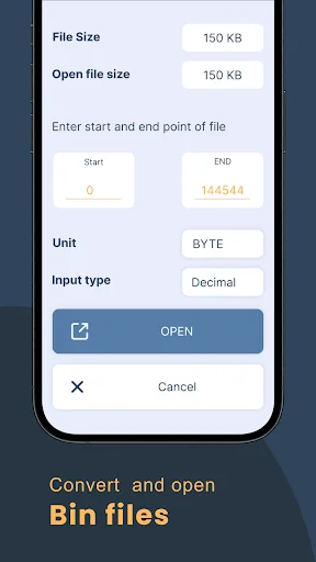 File opening dialog with file size details, start/end point entry fields, and open file options for BIN files