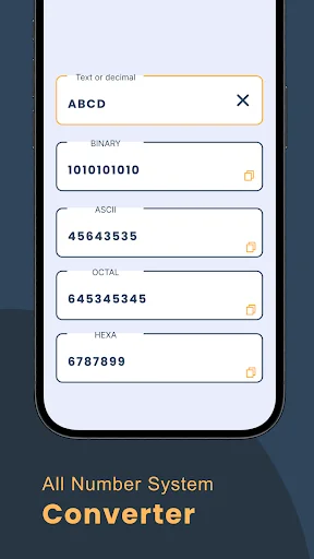 Number system converter tool showing decimal text converted to binary, ASCII, octal, and hexadecimal