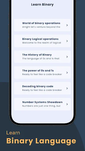 Educational content about binary language covering operations, history, power of binary, and decoding tutorials