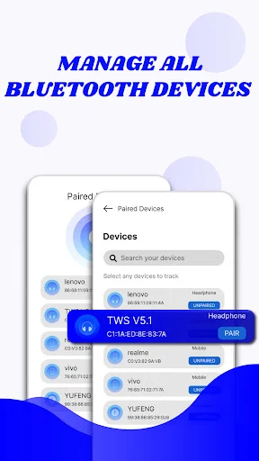 Manage All Bluetooth Devices interface displaying Paired Devices list with search function and device connection status options