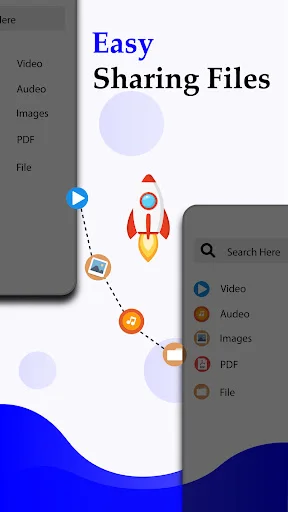 Easy Sharing Files feature interface showing Video, Audio, Images, PDF, and File transfer categories with Bluetooth file sharing animation