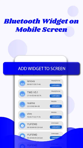 Bluetooth widget setup screen with list of paired Bluetooth devices and option to add widget to mobile home screen