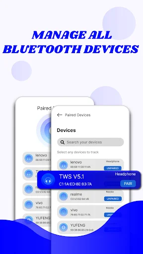 Paired Devices management interface with searchable Bluetooth device list showing device names and connection status