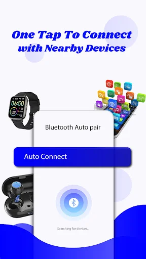Auto Connect interface with one tap to connect nearby devices feature, Bluetooth auto pair button, and smartwatch smartphone connectivity
