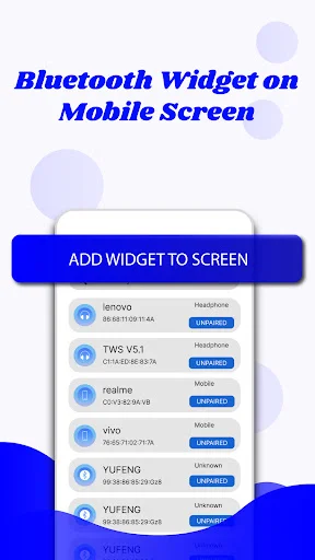 Bluetooth Widget on Mobile Screen showing ADD WIDGET option with list of paired Bluetooth devices including headphones and smartwatches