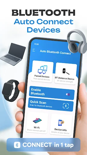 Bluetooth Auto Connect Devices app main screen showing paired devices, quick scan, and one-tap connect features