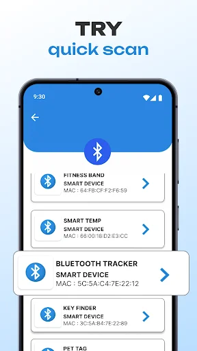 Quick scan screen displaying list of nearby Bluetooth devices including fitness band, tracker, and smart devices