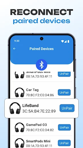Paired devices management screen showing connected Bluetooth headphones and accessories with unpair options