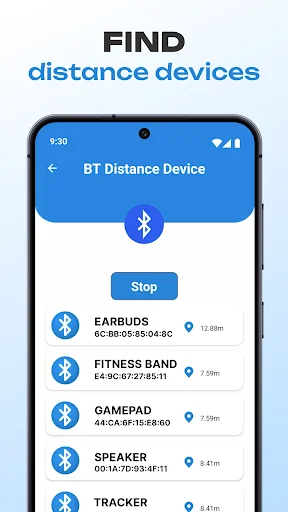 Bluetooth distance finder showing nearby devices with real-time distance measurements in feet and meters