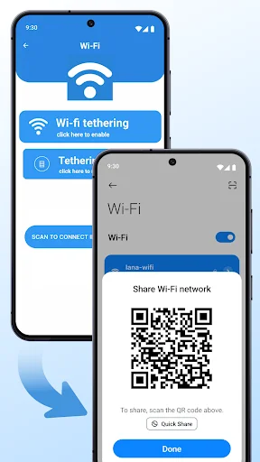 Wi-Fi sharing feature with QR code generator for easy network connection and tethering options