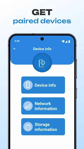 Device information menu with options to view device specs, network details, and storage information