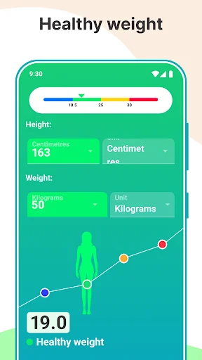 Healthy weight BMI result 19.0 in metric units with body silhouette and progress graph visualization