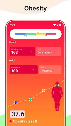 Obesity class II BMI result 37.6 with metric units 163cm 100kg displaying body icon and progress chart