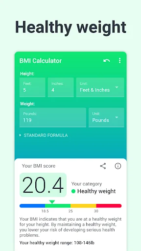 BMI Calculator showing healthy weight result of 20.4 with green interface and height/weight input fields