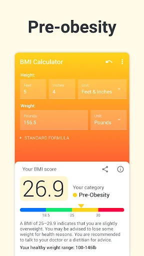 BMI Calculator displaying pre-obesity result of 26.9 with orange gradient interface and measurement inputs