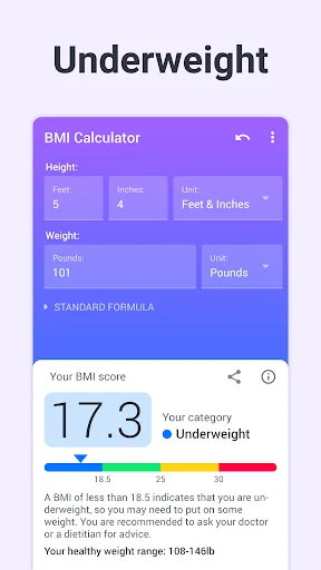 BMI Calculator displaying underweight result of 17.3 with purple interface and weight guidance