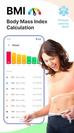 BMI Calculator app overview showing history feature with chart and woman measuring waist for tracking
