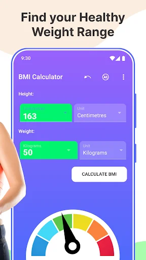 BMI Calculator input screen with metric units showing height 163cm weight 50kg and semicircular gauge