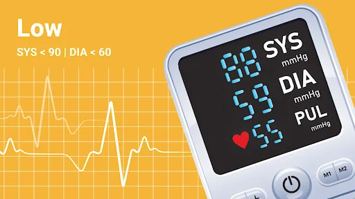 Low blood pressure warning displaying 60/53 mmHg reading with heart rate monitor