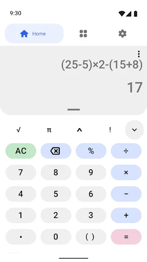 Calculator App home screen with number pad, operators, and mathematical expression calculation display