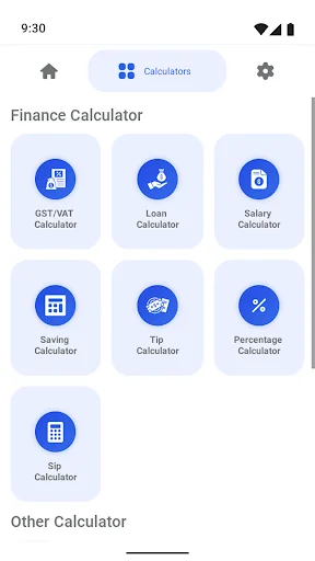 Calculator App menu showing finance calculators including GST/VAT, Loan, Salary, Saving, Tip, Percentage, and SIP